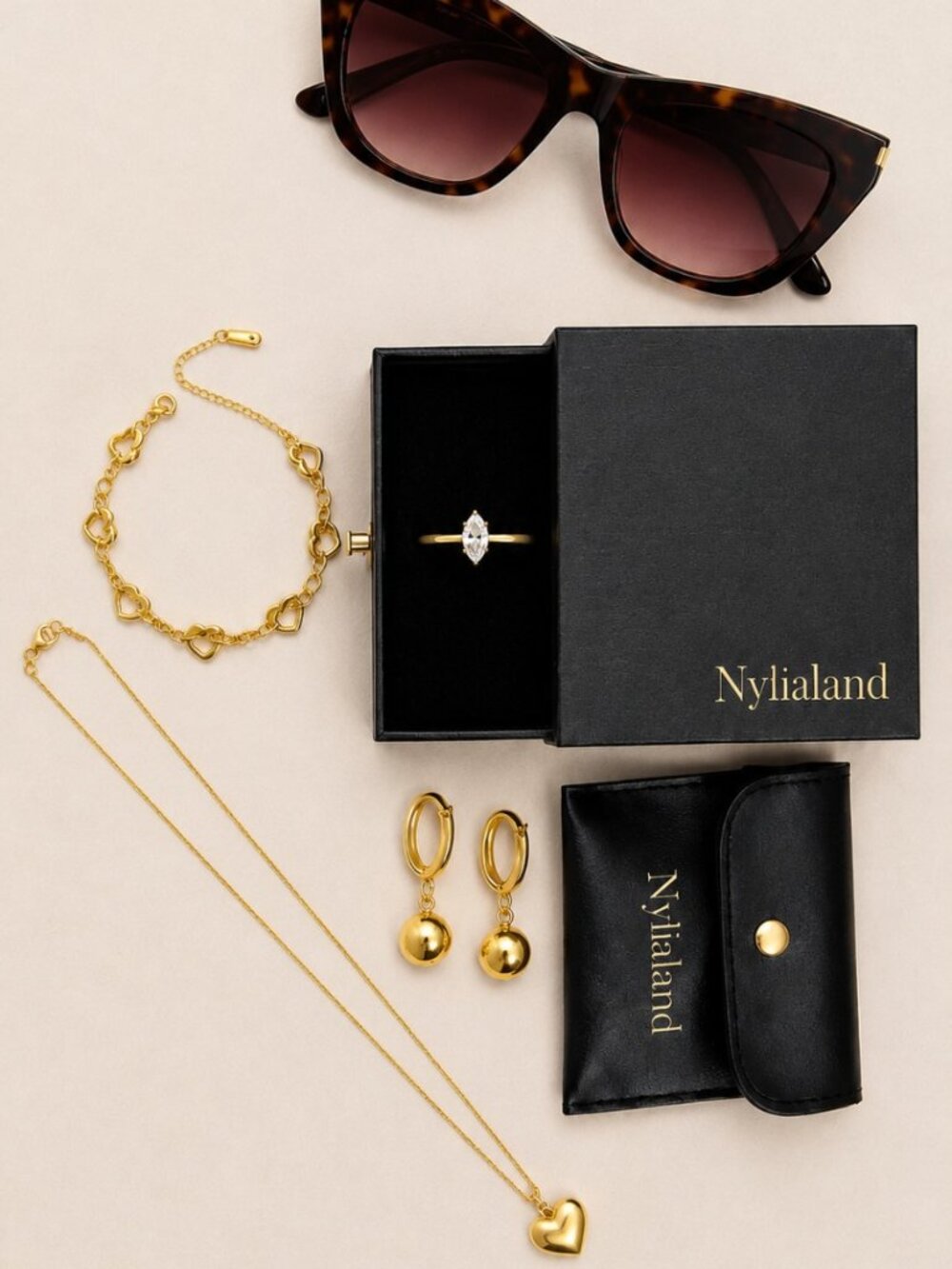 Nylialand Accessory Bundle Gold Heart Jewelry Set & Sunglasses
